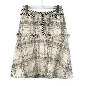 Chanel Beige Tweed Skirt With Braided Trim & Tassel Detail Size 34 Wool Blend Ma